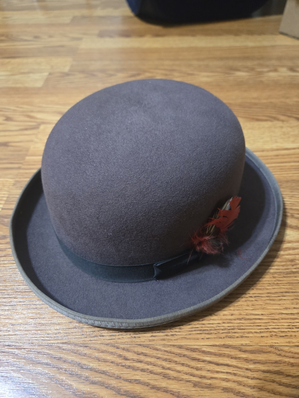 Vintage Gray Wool Bowler Hat with Red Feather Trim